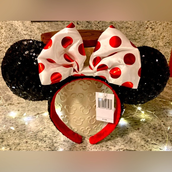 Disney Accessories - Disney Minnie Mouse Black Sequin Ears White Bow Red Metallic Polka Dots Headband